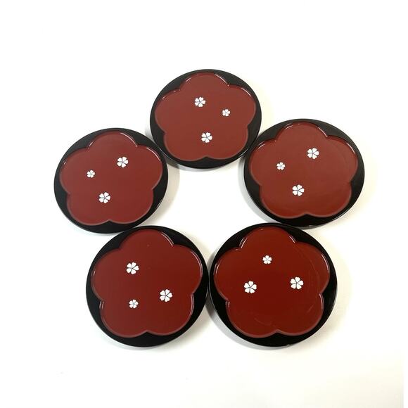 Yamanaka Lacquerware Deserts Plate Set of 5 Plum Black Sakura Flower Japan - Picture 2 of 5